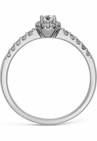 Diamant-Verlobungsring aus Weißgold. Runder Mittelstein mit kleinen pavé-gesetzten Diamanten entlang des Rings. Glatte, polierte Oberfläche.