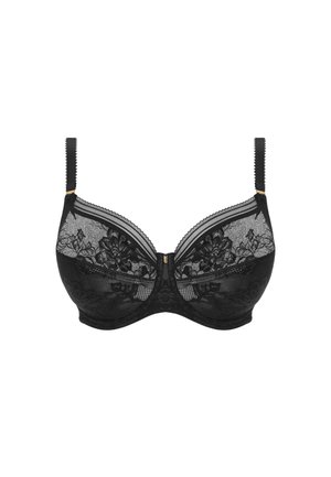 Soutien-gorge en dentelle noire avec un design structuré, présentant des motifs floraux, un soutien-gorge à armatures, des bretelles ajustables et des accentuations en métal doré.