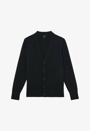 Sort V-hals cardigan med lange ærmer og fem knapper foran, ribbet manchetter og kant, lagt fladt på hvid baggrund.