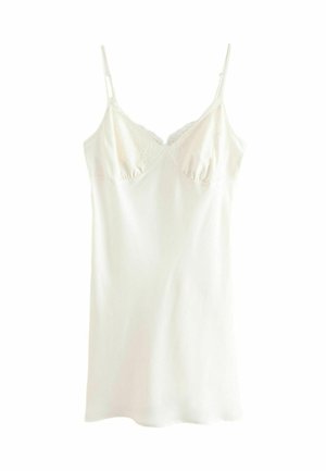 Camisola bianca con spalline regolabili, caratterizzata da un bordo in pizzo nella parte superiore e un tessuto morbido e stretch. Design semplice, taglio alla coscia.