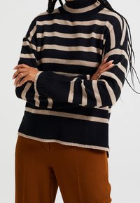 Pletený svetr s námořnickými a béžovými vodorovnými pruhy, vysokým stojáčkem a žebrovanými manžetami. V kombinaci s hnědými, přiléhavými kalhotami.