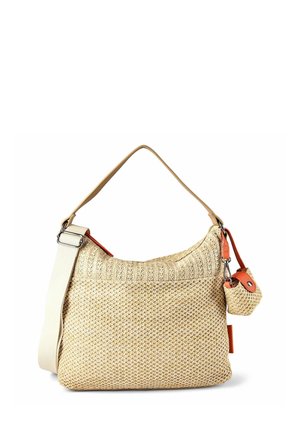 Borsa a tracolla beige intrecciata con ampia tracolla beige, manico singolo e piccola pochette staccabile con rifiniture arancioni e chiusura con bottone.
