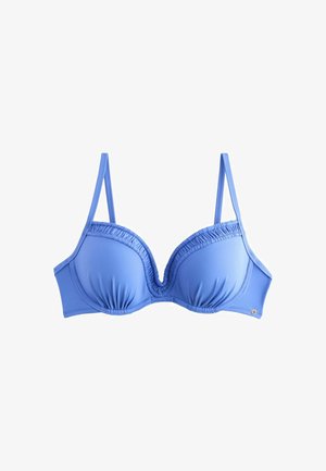 Light blue padded bra with thin adjustable straps and ruched detailing along the top edge of the cups and center front.