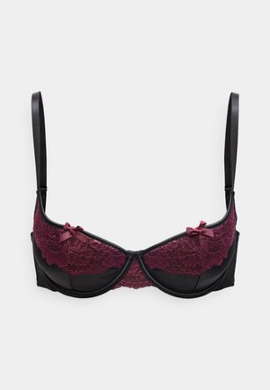 Črni modrček z bordo čipko na skodelicah, okrašen s tremi majhnimi pentljami. Gladek material z oporo pod košaricami in nastavljivimi naramnicami.