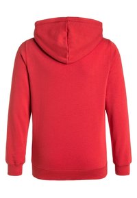 Czerwona bluza z kapturem wykonana z bawełny, przedstawiająca tylny widok z kapturem, długimi rękawami oraz ściągaczami na mankietach i u dołu. Gładka tekstura bez wzorów.