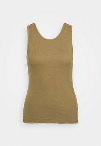 Olivgrünes, ärmelloses Tanktop, gerippte Textur, runder Ausschnitt, figurbetontes Design, weicher Stoff, mittellanger Saum.