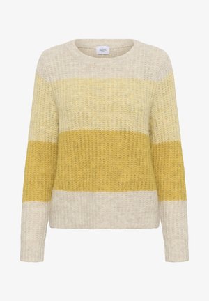 Storos megztinis su plačių horizontalių juostų kremine, šviesiai geltona ir garstyčių spalvomis, su apvaliu iškirpimu ir ilgomis rankovėmis.