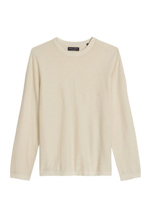 Maglione a maniche lunghe color crema con collo tondo e bordi a coste, mostrato disteso su sfondo bianco.