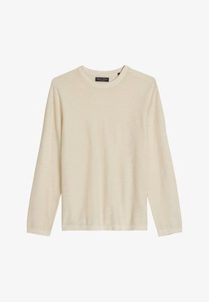 Pull à manches longues couleur crème avec col rond et poignets côtelés, présenté à plat sur fond blanc.