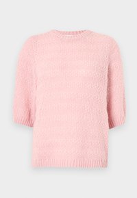 Πουλόβερ με κοντό μανίκι και στρογγυλή λαιμόκοψη σε απαλό ροζ χρώμα. Υφή πλεξίματος με φαρδιά εφαρμογή και ριμπ τελείωμα. Ελαφρύ υλικό, casual σχεδιασμός.