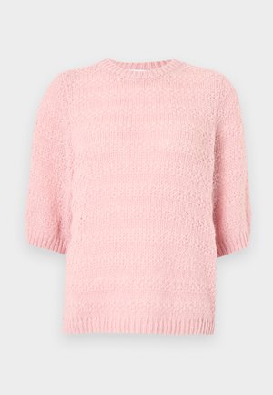 Πουλόβερ με κοντό μανίκι και στρογγυλή λαιμόκοψη σε απαλό ροζ χρώμα. Υφή πλεξίματος με φαρδιά εφαρμογή και ριμπ τελείωμα. Ελαφρύ υλικό, casual σχεδιασμός.
