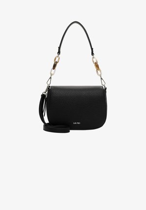 Black leather handbag with a textured finish, chain link accents, a top handle, and a detachable shoulder strap. Brand logo visible.