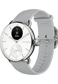 Silberfarbige Analog-Uhr mit rundem weißen Ziffernblatt, grauem Silikonarmband, EKG-Anzeige und Unterzifferblatt; zeichnet sich durch polierte Akzente und ein minimalistisches Design aus.