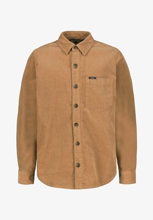 Camisa de pana marrón con cierre de botones al frente, cuello y un bolsillo en el pecho con una pequeña etiqueta de logo. Tela texturizada y mangas largas.