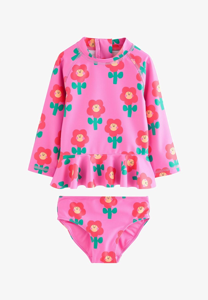 Set da bagno rosa composto da un top a maniche lunghe con orlo a volant e motivo floreale, abbinato a un bikini coordinato, il tutto realizzato in tessuto elasticizzato.