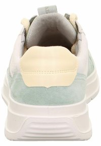 Light gray and mint green suede sneaker with white rubber sole, padded collar, and contrasting cream back accent. Features a pull tab.