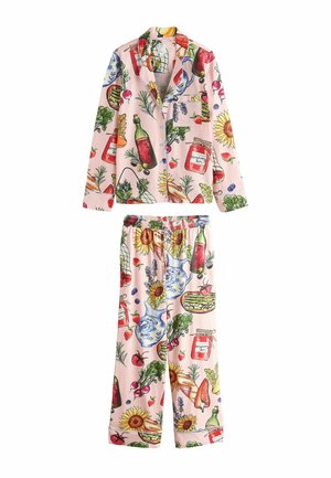 Rosa Pyjama-Set mit Jacke und Hose mit bunten Drucken von Sonnenblumen, Gläsern, Gemüse, Flaschen, Früchten und blauen Teekannen.