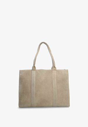 Beige suède totebag met twee stevige handvatten, rechthoekige vorm en een gladde textuur. Heeft contrasterende verticale stikdetails.