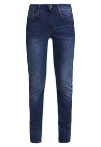 Dark blue denim jeans with a straight fit, five pockets, and light fading. Features stitching details and slight distressing near the knees.