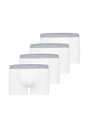 Vier weiße Herren-Boxershorts mit grauen elastischen Bund, in versetzter Reihe angeordnet, zeigen Vorder- und Seitenansichten.