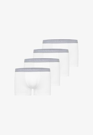 Vier weiße Herren-Boxershorts mit grauen elastischen Bund, in versetzter Reihe angeordnet, zeigen Vorder- und Seitenansichten.