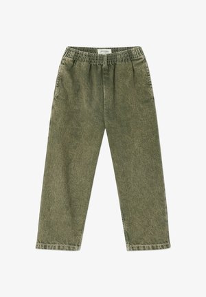 Zelene, široke hlače z elastičnim pasom, dvema stranskima žepoma in teksturirano tkanino, z ravnim krojem nogavic in subtilnim šivanjem.