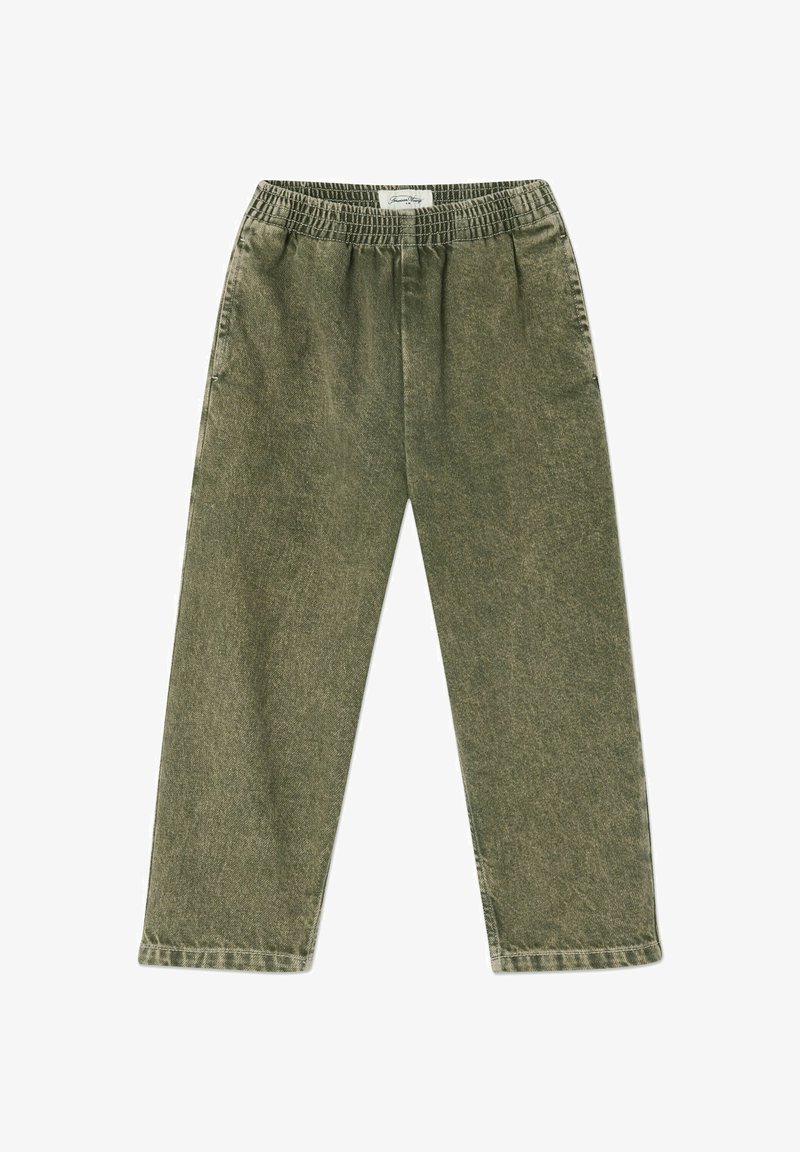 Gröna, ledigt sittande byxor med elastisk midja, två sidofickor och ett strukturerat tyg, med raka ben och subtila sömmar.