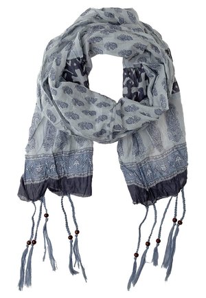 Écharpe bleu clair avec motifs floraux et cachemire bleu foncé, franges avec des perles en bois aux extrémités.