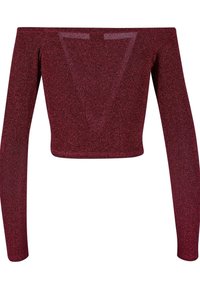 Olkapäiltä avattu, pitkähihainen crop-top burgundin glitter-kankaasta. Ominaisuuksiin kuuluu tiukka muotoilu ja hienovarainen kolmiomainen leikkaus takana.