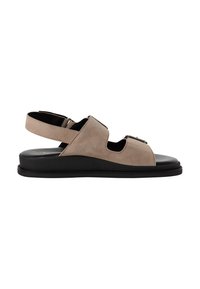 Beige mokkanahka sandaalit avoimella varvolla, säädettävällä takahihnalla ja mustalla pohjalla. Ominaisuuksina tyylikäs, minimalistinen muotoilu, jossa on leikattuja yksityiskohtia.