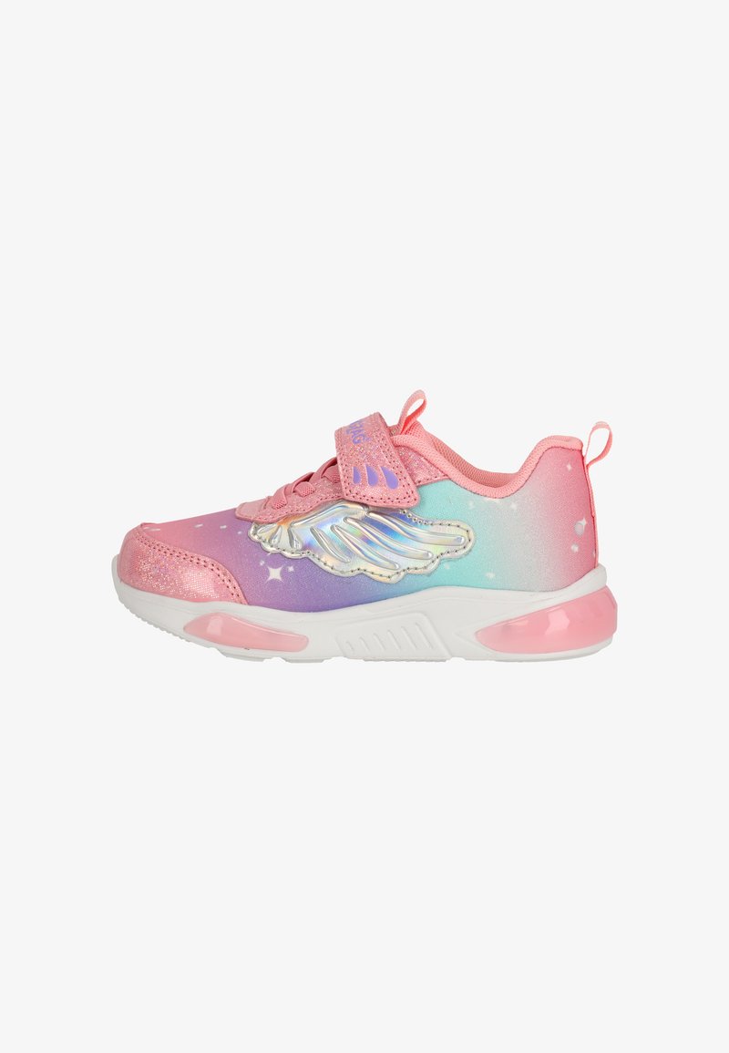 Pink and purple sneaker with a gradient design, shiny wing detail, textured fabric, and Velcro strap. Features a white sole with pink accents.