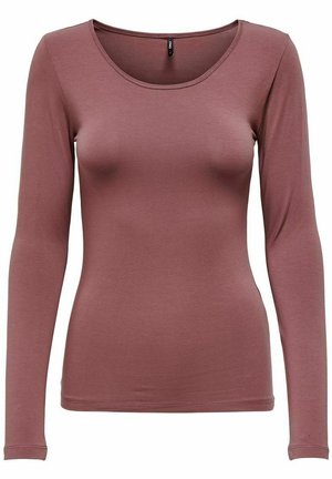 Dopasowany damski top z długim rękawem w stonowanym kolorze mauve z okrągłym dekoltem i gładką, elastyczną tkaniną.