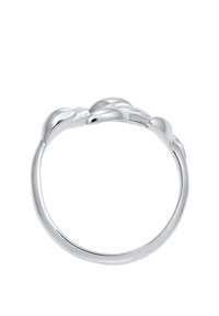 Silberner Ring mit einem glatten, abgerundeten Design und mehreren tropfenförmigen Akzenten rund um den Ring, polierte Oberfläche, schlanke Form.