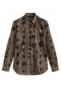 Ruskea kangastakki, jossa on suuria laivaston sinisiä pilkkuja, kauluksella ja pitkillä hihoilla. Silkkinen pinta, jossa on hieman kiiltävä viimeistely.