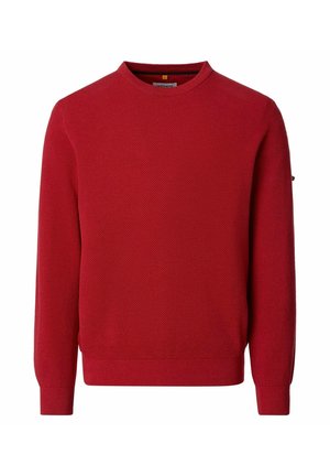 Roter Pullover mit Rundhalsausschnitt aus langärmeligem, strukturiertem Strickstoff, mit gerippten Bündchen und Saum, auf weißem Hintergrund präsentiert.