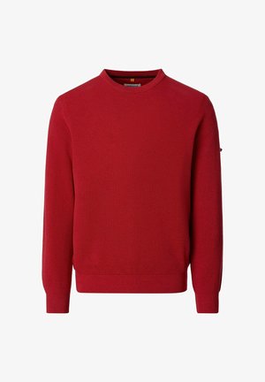 Red long-sleeve crewneck sweater with textured knit fabric, ribbed cuffs, and hem, displayed on a white background.