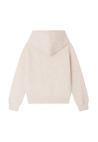 Felpa leggera beige con orlo e polsini aderenti. Presenta un ampio cappuccio morbido e un tessuto liscio e dalla texture. Design semplice e minimalista.
