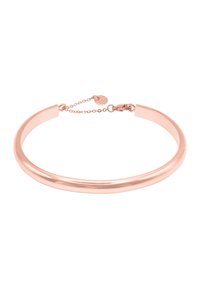 Bracelet en métal rose gold avec un design épuré et arrondi, ainsi qu'un fermoir à chaîne pour ajustement. Texture lisse, apparence simple et moderne.