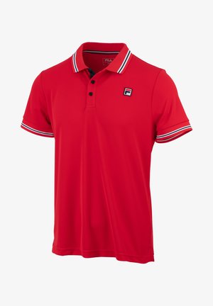 Red polo shirt made of smooth fabric featuring a collar and three buttons. Striped accents in navy and white on the sleeves. Emblem on chest.