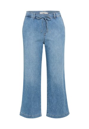 Lichtblauwe denim broek met wijde pijpen, elastische taille en koord, voorzakken en zichtbare stiksels.