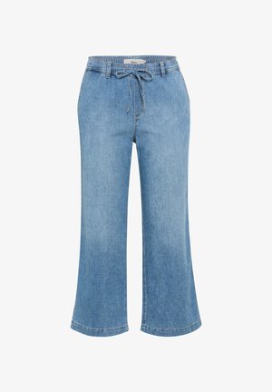 Lichtblauwe denim broek met wijde pijpen, elastische taille en koord, voorzakken en zichtbare stiksels.