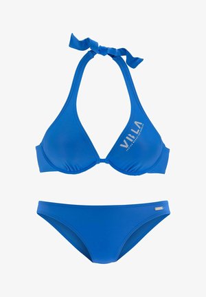 Blue bikini set featuring a halter top with a tied neck and a matching low-rise bottom. Made of smooth, stretchy fabric with logo accent.