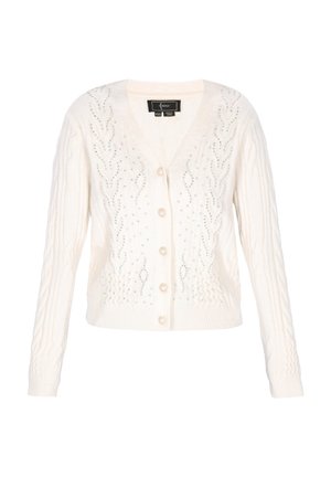 Bílý pletený cardigan s V-výstřihem, zdobený kabelkovými vzory a ozdobami. Pět knoflíků, zkrácený střih a dlouhé rukávy.