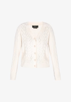 Bílý pletený cardigan s V-výstřihem, zdobený kabelkovými vzory a ozdobami. Pět knoflíků, zkrácený střih a dlouhé rukávy.