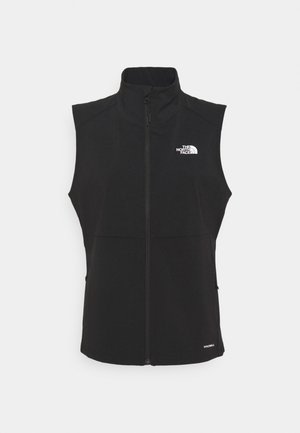 Czarna bezrękawnik na zamek z wysokim kołnierzem, logo The North Face na piersi i mały tekst "WindWall" blisko dolnego brzegu.