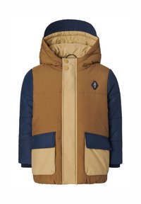 Gepolsterte Kapuzenjacke mit einem Farbblockdesign in Braun, Beige und Marineblau. Verfügt über zwei Fronttaschen und einen Reißverschluss mit Druckknöpfen.