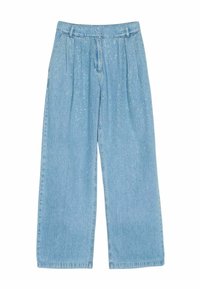 Pantaloni a gamba larga in denim blu chiaro con vita alta, caratterizzati da delicati dettagli brillanti e pieghe frontali.