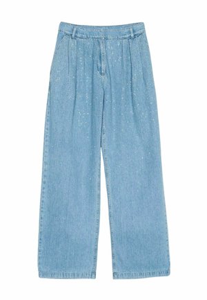 Pantaloni a gamba larga in denim blu chiaro con vita alta, caratterizzati da delicati dettagli brillanti e pieghe frontali.