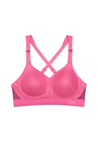 Różowy sportowy biustonosz z teksturą siateczki, formowanymi miseczkami i krzyżującymi się regulowanymi paskami. Posiada akcenty w kratkę na bocznym pasie.