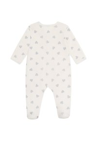 Tutina in cotone color crema con motivo a cuori azzurri, maniche lunghe, scollo rotondo, e design con piedi per comfort e calore.